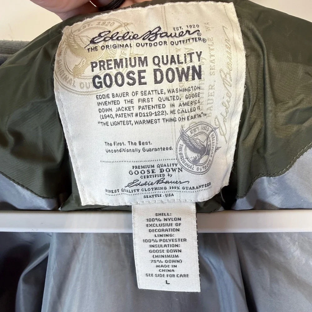 Eddie Bauer Puffer Jacket Mens Large Olive Green Goose Down‎ Ripstop Zip Hiking